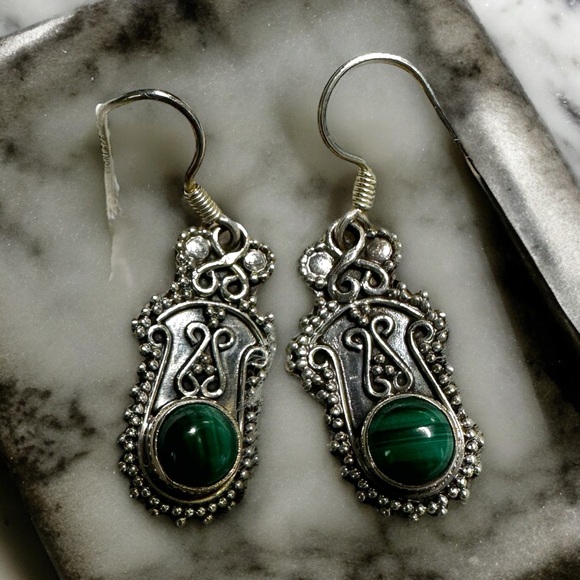 Malachite Sterling Silver Drop Earrings - Picture 7 of 11